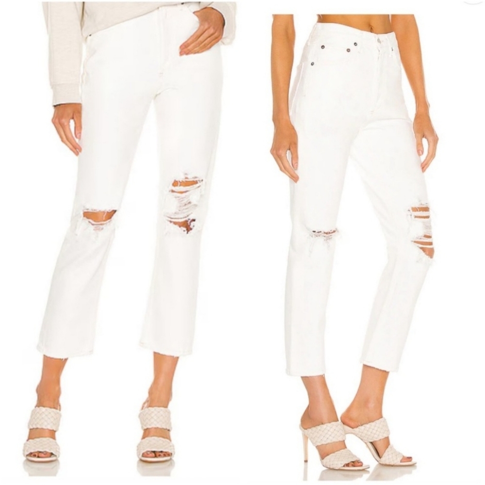 Agolde Womans White Jeans High Rise Straight Cropped Distressed Size 26 Neutral